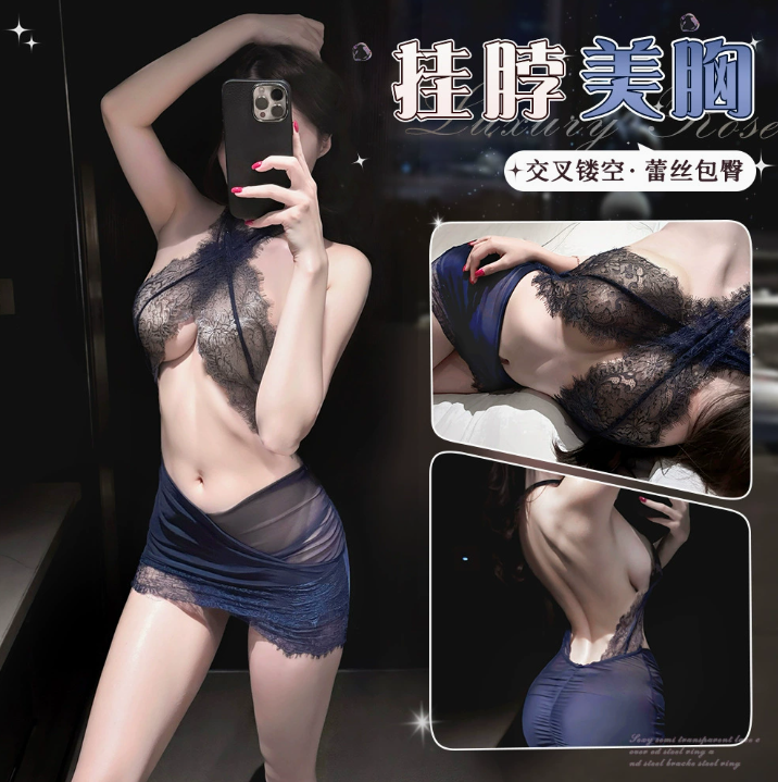 紧身性感挂脖蕾丝秘书制服网纱包臀裙女佣诱惑5.png