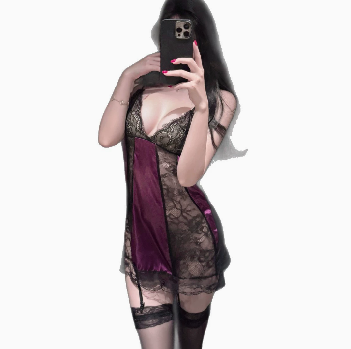 辣妹紫色性感蕾丝花边吊带睡裙荷叶边情趣内衣胖妹妹2.png