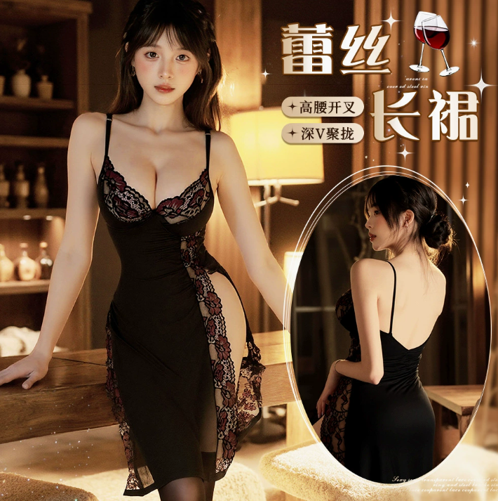性感蕾丝诱惑高开叉长裙女火辣夜店制服免脱睡衣2.png