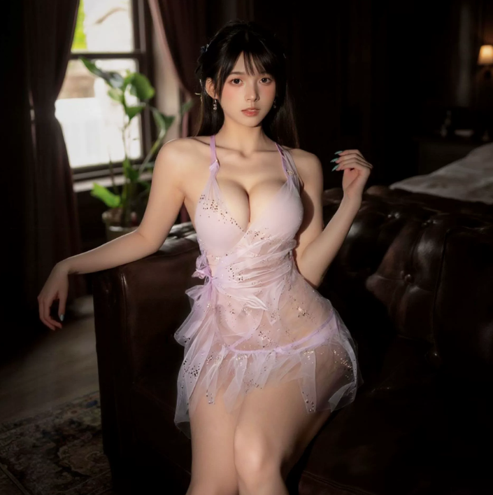 性感挂脖深v透视轻薄荷叶花边细闪亮片柔纱睡裙5.png