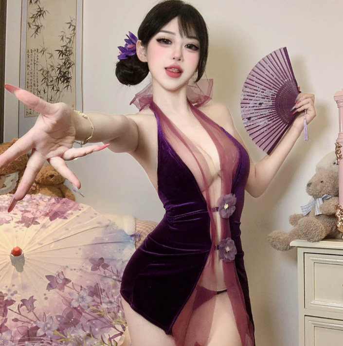 情趣内衣性感紫色旗袍纯欲诱惑制服小胸免脱睡衣套装2.png