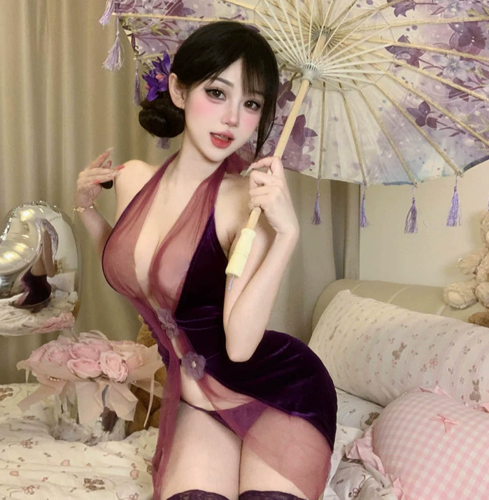 情趣内衣性感紫色旗袍纯欲诱惑制服小胸免脱睡衣套装3.png
