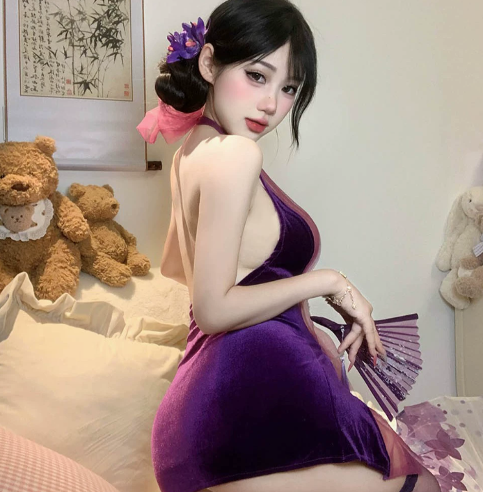 情趣内衣性感紫色旗袍纯欲诱惑制服小胸免脱睡衣套装4.png