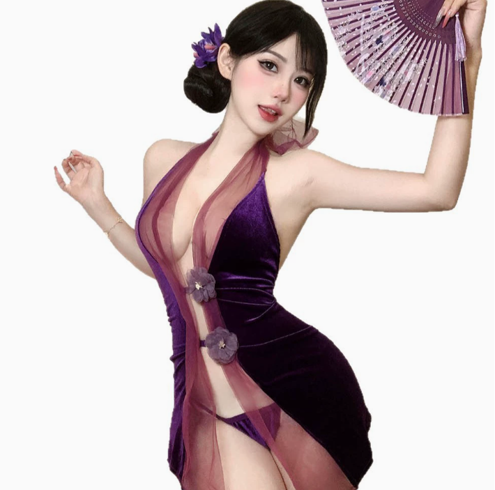 情趣内衣性感紫色旗袍纯欲诱惑制服小胸免脱睡衣套装5.png