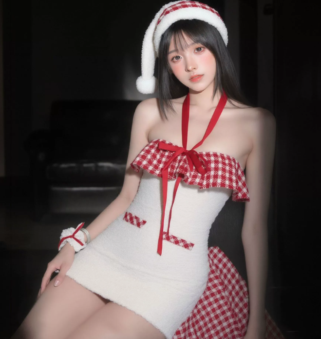 雪域精灵圣诞节服装女可爱毛茸茸格子挂脖一字肩包臀短裙3.png