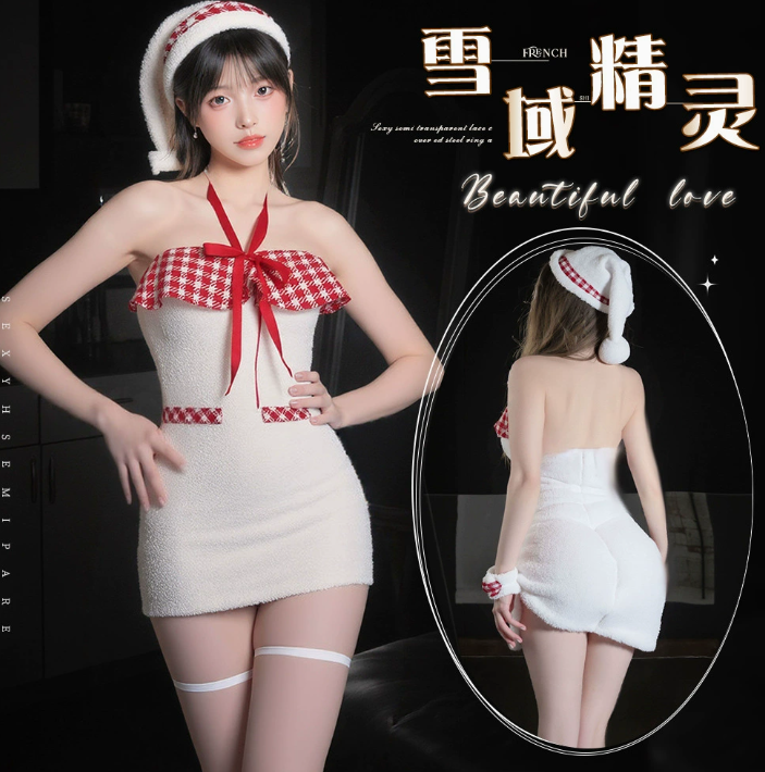 雪域精灵圣诞节服装女可爱毛茸茸格子挂脖一字肩包臀短裙4.png
