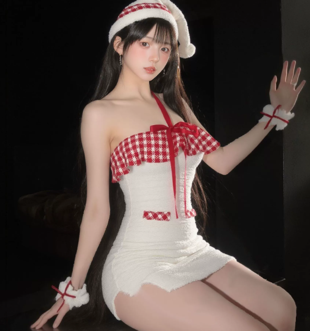 雪域精灵圣诞节服装女可爱毛茸茸格子挂脖一字肩包臀短裙5.png