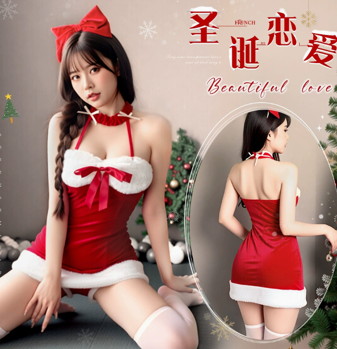 纯欲风挂脖红色吊带连衣裙性感圣诞主播cosplay舞台表演服4.png